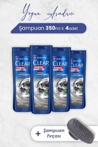 Clear Men Şampuan Yoğun Arındırıcı 350 ml x 4 Adet ve Şampuan Fırçası