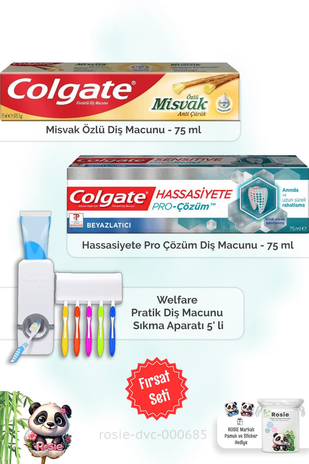 Colgate Hassasiyete Pro Çözüm 75 ml,  Misvak Özlü 75 ml Diş Macunu, Diş Macunu Aparatı ve ROSIE