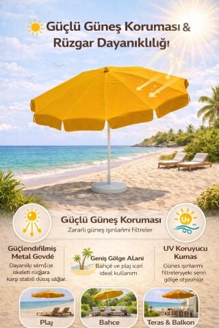 Sarı Renkli 200 cm Çap ve 10 Telli Plaj Şemsiyesi + Şemsiye Kılıfı, BİDONSUZ