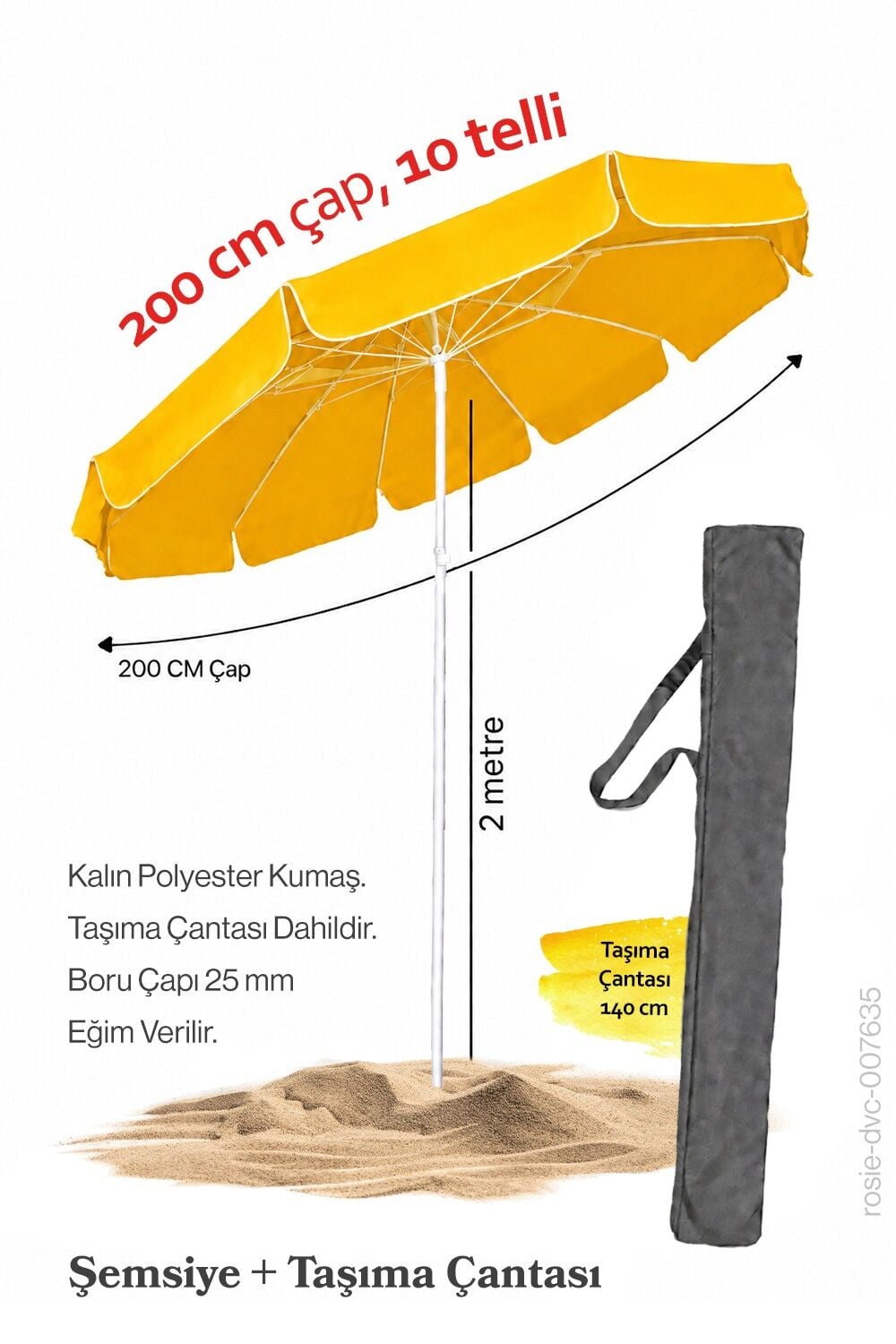 Sarı Renkli 200 cm Çap ve 10 Telli Plaj Şemsiyesi + Şemsiye Kılıfı, BİDONSUZ