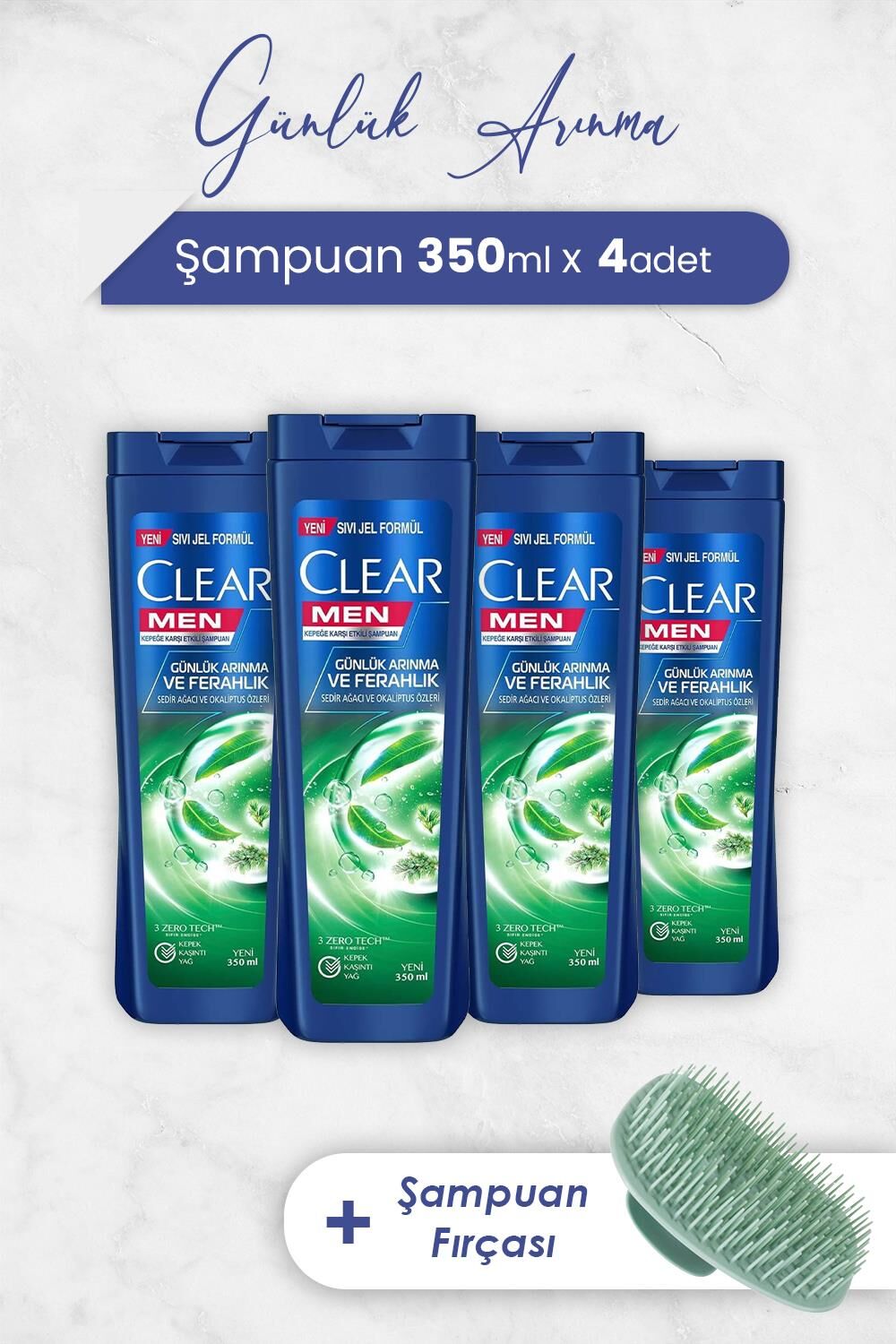 Clear Men Şampuan Günlük Arınma ve Ferahlık 350 ml x 4 Adet ve Şampuan Fırçası