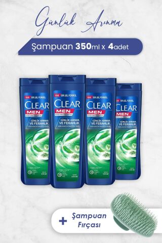 Clear Men Şampuan Günlük Arınma ve Ferahlık 350 ml x 4 Adet ve Şampuan Fırçası