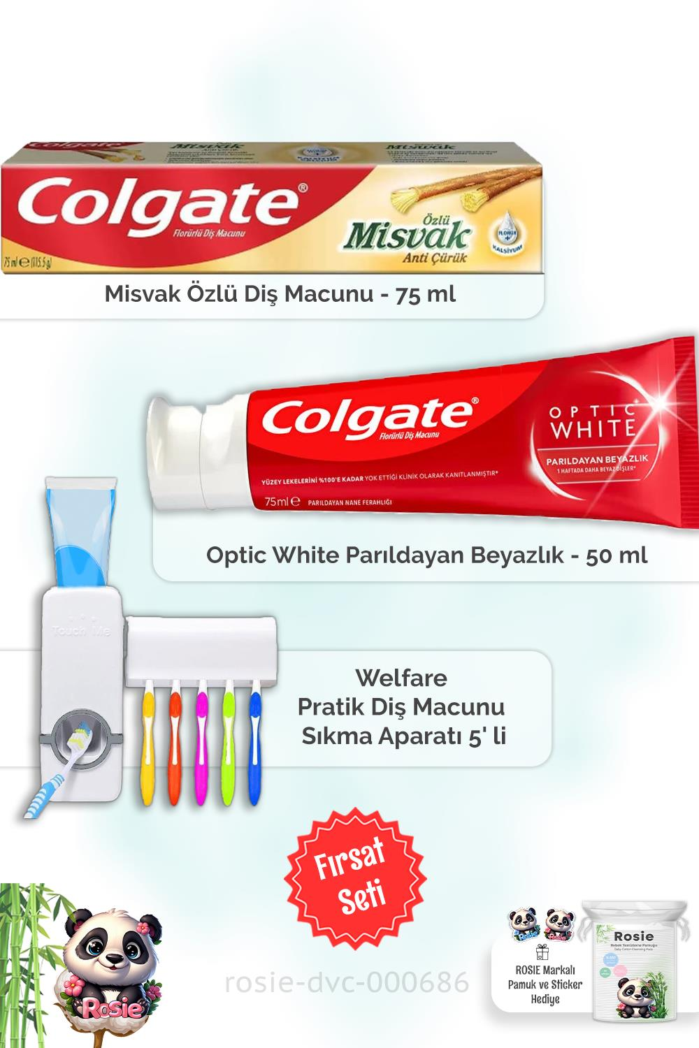 Colgate Misvak Özlü 75 ml,  Optic White  50 ml Diş Macunu, Diş Macunu Aparatı ve ROSIE