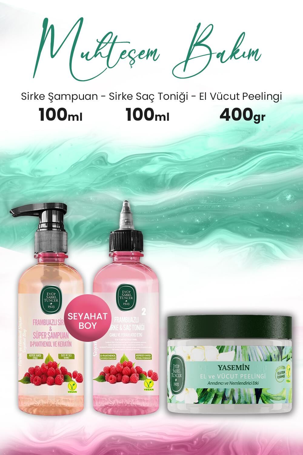 Eyüp Sabri Tuncer Sirke Frambuazlı Şampuan, Saç Toniği 100 ml ve El Vücut Peelingi Yasemin 400 gr