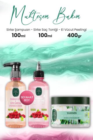 Eyüp Sabri Tuncer Sirke Frambuazlı Şampuan, Saç Toniği 100 ml ve El Vücut Peelingi Yasemin 400 gr