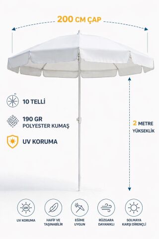 Beyaz Renkli 200 cm Çap ve 10 Telli Plaj Şemsiyesi + Şemsiye Kılıfı, BİDONSUZ