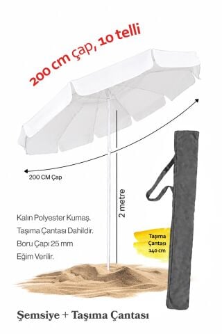 Beyaz Renkli 200 cm Çap ve 10 Telli Plaj Şemsiyesi + Şemsiye Kılıfı, BİDONSUZ