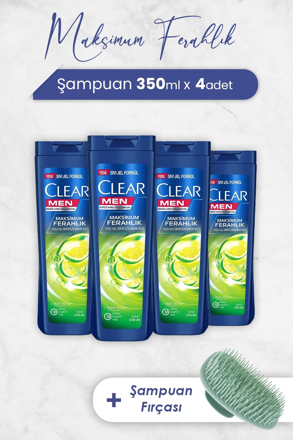 Clear Men Şampuan Maksimum Ferahlık 350 ml x 4 Adet ve Şampuan Fırçası