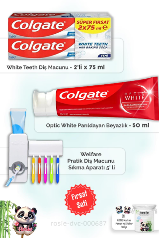 Colgate Optic White 50 ml,  With Baking Soda  2 x 75 ml, Diş Macunu Aparatı ve ROSIE