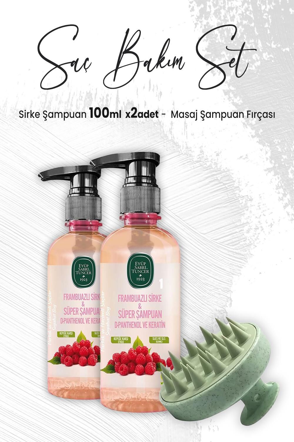 Eyüp Sabri Tuncer Sirke Şampuan Frambuazlı 100 ml x 2 Adet ve Masaj Şampuan Fırçası Yeşil