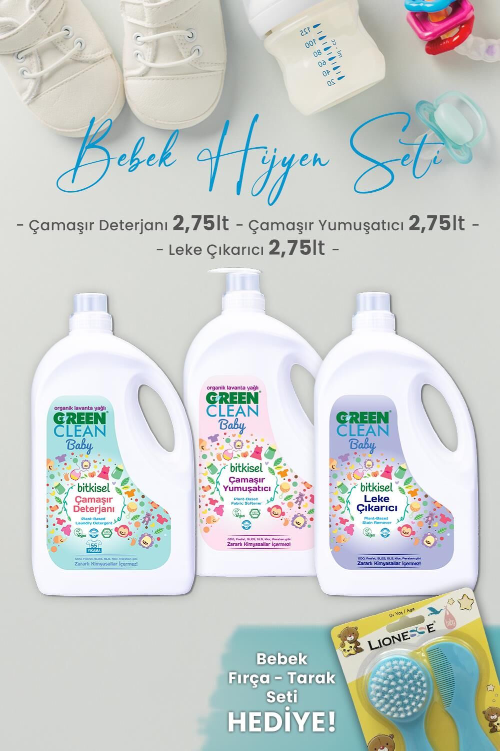 Green Clean Baby Çamaşır Deterjanı, Yumuşatıcı, Leke Çıkarıcı 2,75 ve Hediyeli
