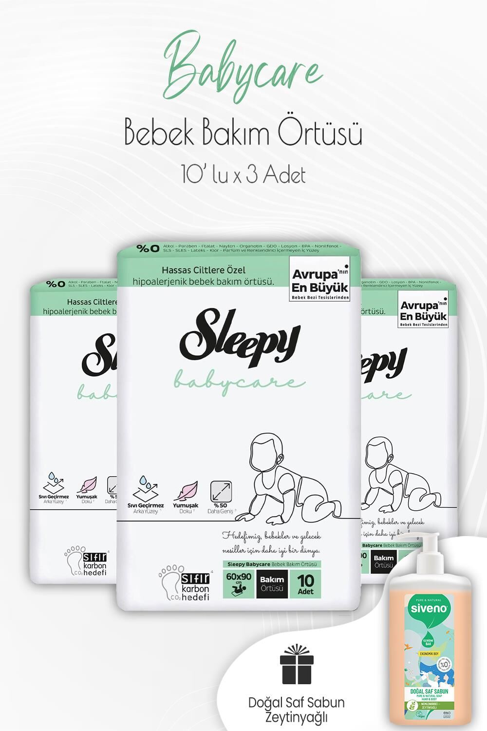 Sleepy Babycare Bebek Bakım Örtüsü 10'lu x 3 Adet ve Saf Sıvı Sabun