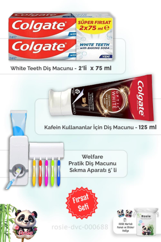 With Baking Soda  2 x 75 ml, Kafein Kullananlar için 125 ml Diş Macunu, Diş Macunu Aparatı ve ROSIE