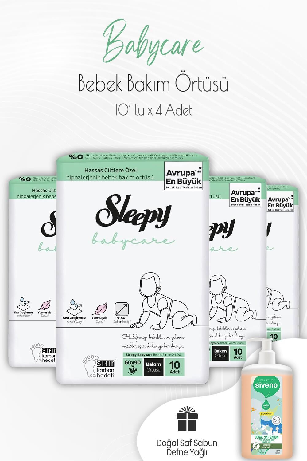 Sleepy Babycare Bebek Bakım Örtüsü 10'lu x 4 Adet ve Saf Sıvı Sabun