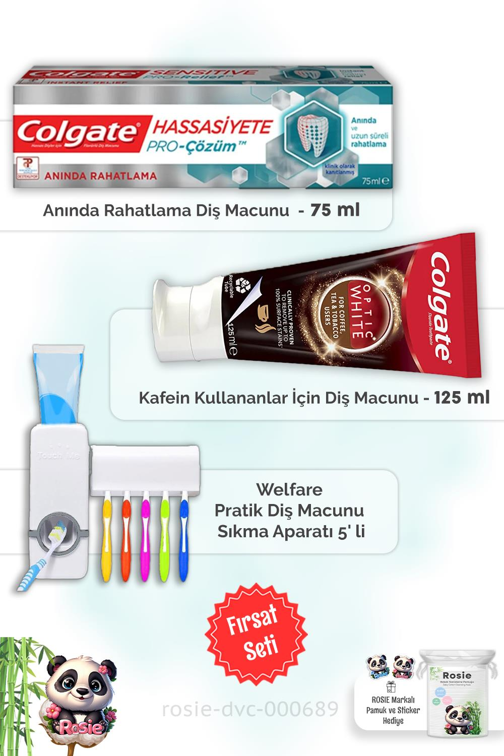 Kafein Kullananlar için 125 ml,  Hassasiyete Çözüm 75 ml Diş Macunu, Diş Macunu Aparatı ve ROSIE