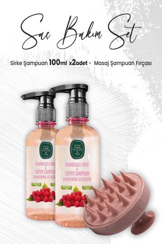 Eyüp Sabri Tuncer Sirke Şampuan Frambuazlı 100 ml x 2 Adet ve Masaj Şampuan Fırçası Pembe