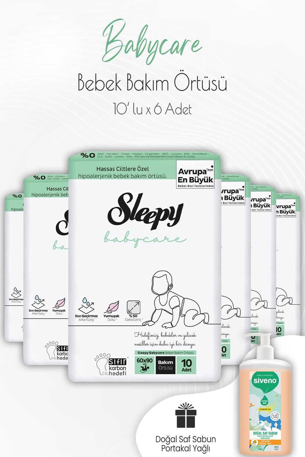 Sleepy Babycare Bebek Bakım Örtüsü 10'lu x 6 Adet ve Saf Sıvı Sabun