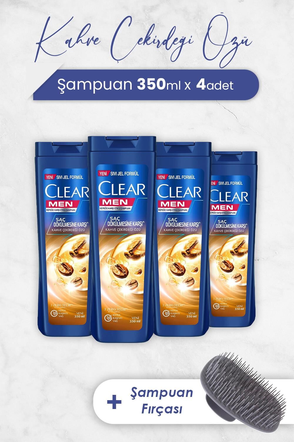 Clear Men Şampuan Saç Dökülmesine Karşı 350 ml x 4 Adet ve Şampuan Fırçası