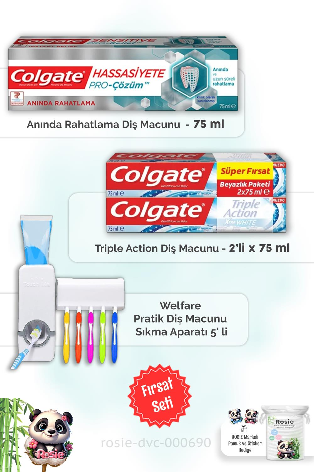 Hassasiyete Çözüm 75 ml,  Action Extra White  2 x 75 ml Diş Macunu, Diş Macunu Aparatı ve ROSIE