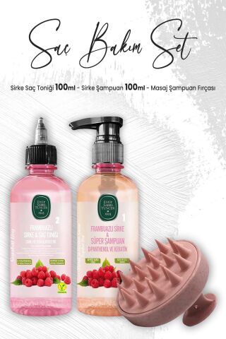 Eyüp Sabri Tuncer Sirke Frambuazlı Şampuan 100 ml, Saç Toniği 100 ml ve Masaj Şampuan Fırçası Pembe