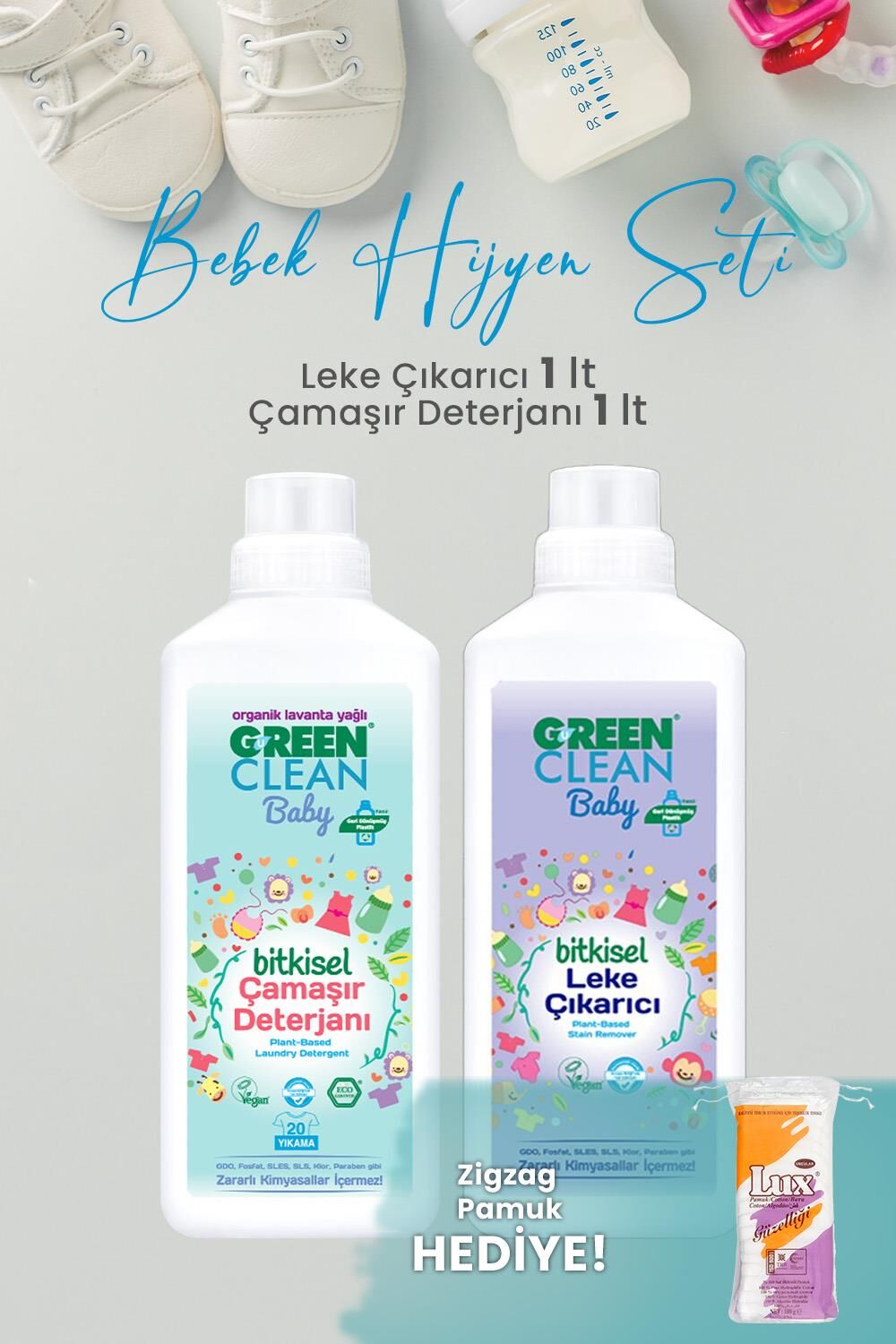 Green Clean Baby 2'li Hijyen Seti ve Zigzag Pamuk