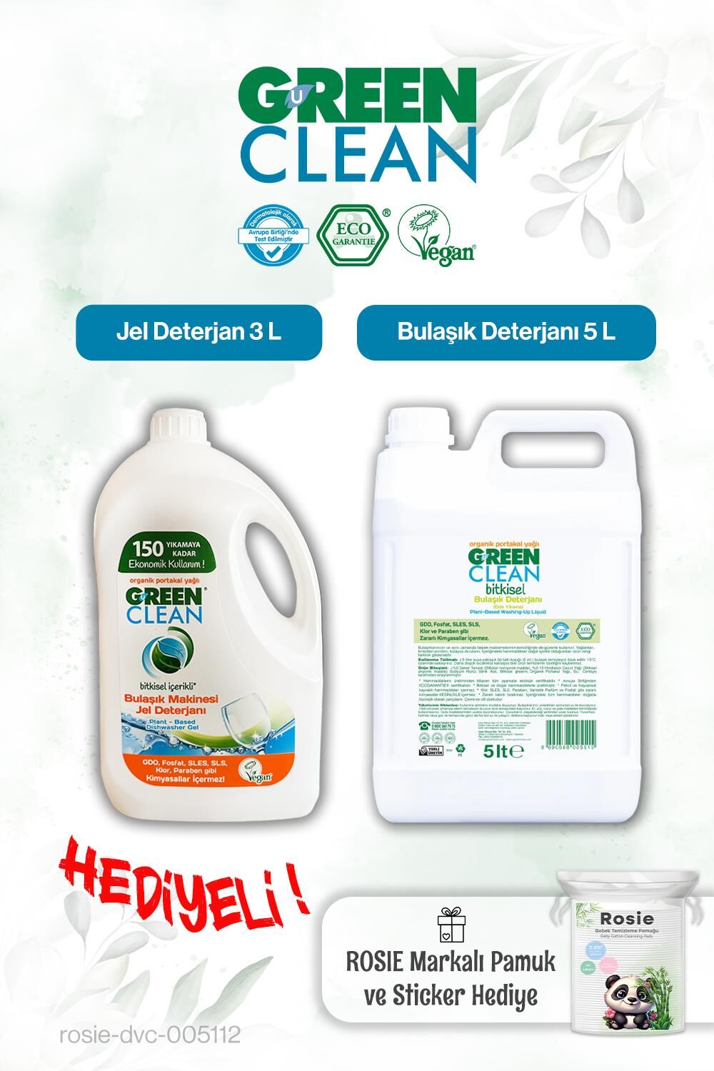 Green Clean Bulaşık Deterjanı 5 L, Bulaşık Mak. Jel Deterjan 3L ve Rosie pamuk hediye