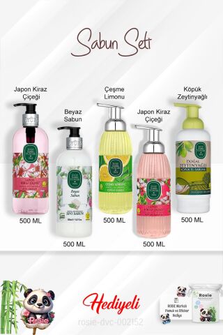 500 ML Sabun Paket  Japon Kiraz Çiçeği Köpük ve Sıvı, Zeytinyağlı, Beyaz Sabun, Çeşme Limonu ve Rosie
