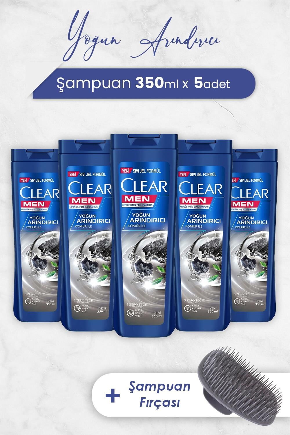 Clear Men Şampuan Yoğun Arındırıcı 350 ml x 5 Adet ve Şampuan Fırçası