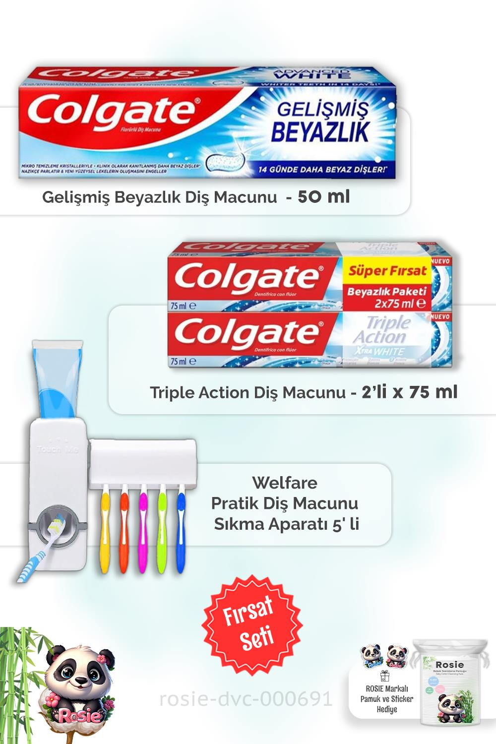 Action Extra White  2 x 75 ml, Gelişmiş Beyazlık 50 ml Diş Macunu,  Diş Macunu Aparatı ve ROSIE