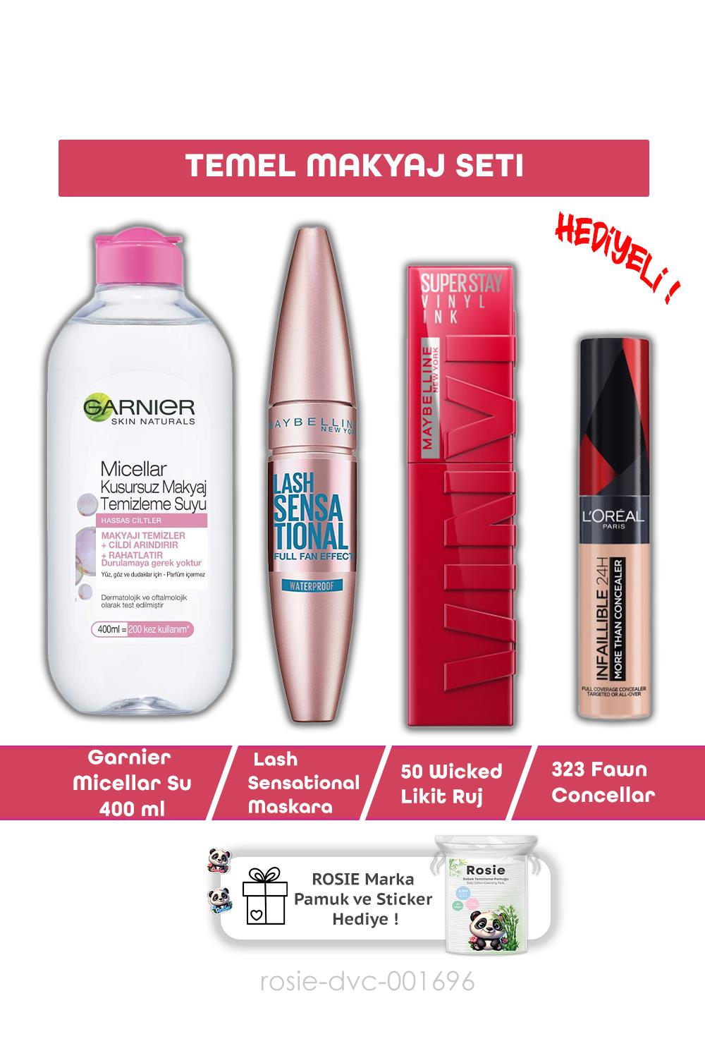 Maybelline Lash Sensational Maskara, 323 Fawn Conceller, 50 Wicked Ruj, Misel Su 400 ml ve ROSIE