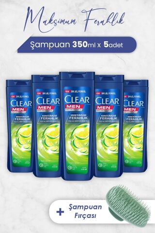 Clear Men Şampuan Maksimum Ferahlık 350 ml x 5 Adet ve Şampuan Fırçası