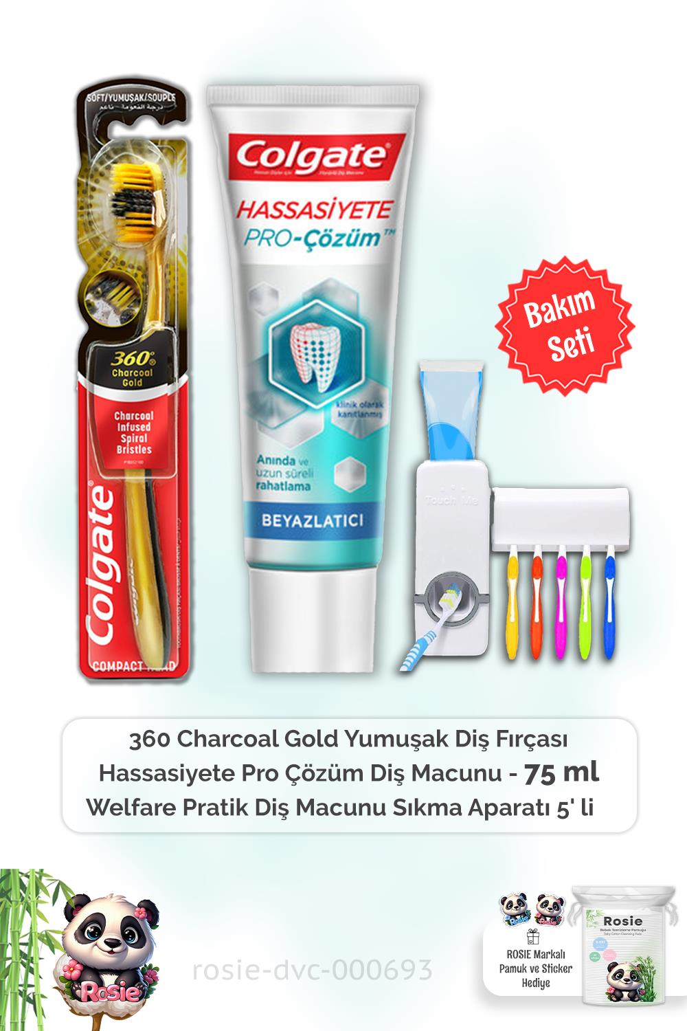 Colgate Hassasiyete Pro Çözüm 75 ml,  360 Charcoal Gold  Diş Fırçası, Diş Macunu Aparatı ve ROSIE