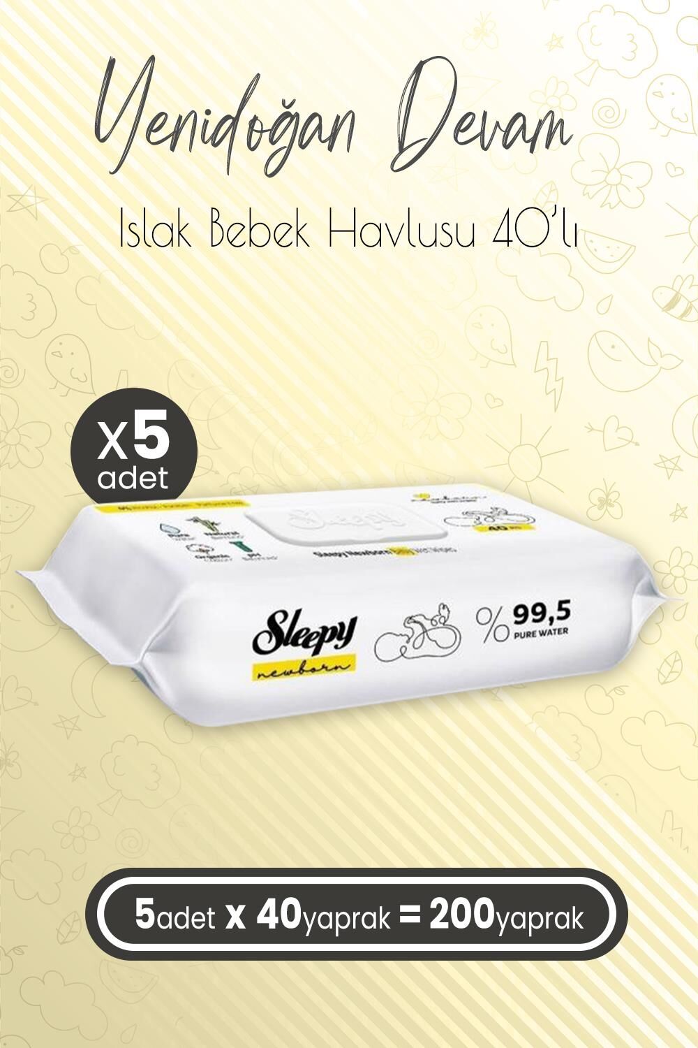 Sleepy Yenidoğan Devam Islak Bebek Bakım Havlusu 40'lı x 5 (200 Yaprak)