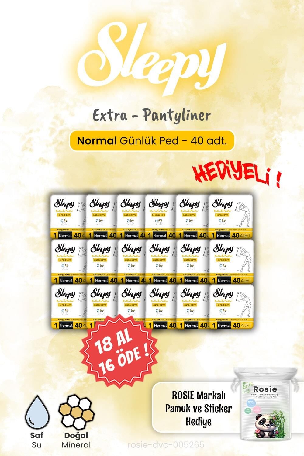 Sleepy 18 AL 16 ÖDE Extra 40'lı Günlük Ped Normal 40'lı ve Rosie Hediye