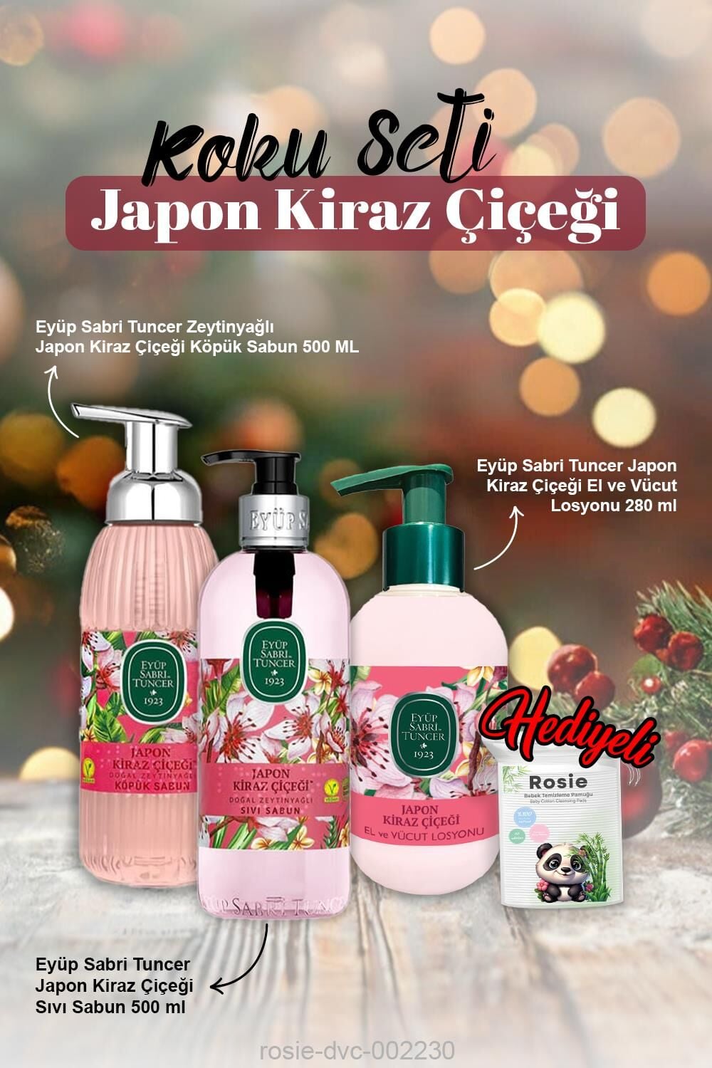 Japon Kiraz Çiçeği Sıvı ve Köpük Sabun 500ml, Losyon 280ml ve Rosie Pamuk