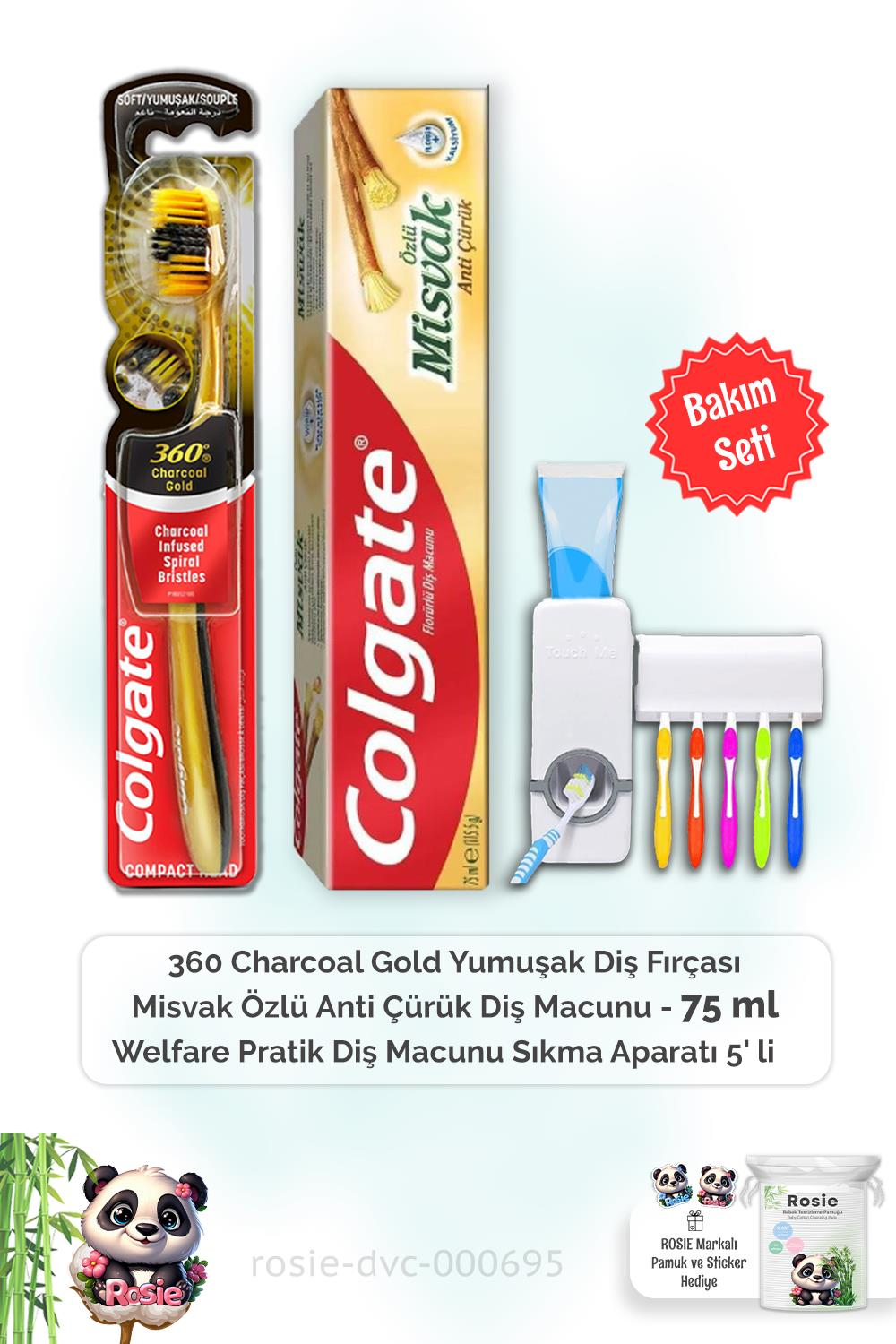 Colgate Misvak Özlü Diş Macunu 75 ml,  360 Charcoal Gold Diş Fırçası, Diş Macunu Aparatı ve ROSIE