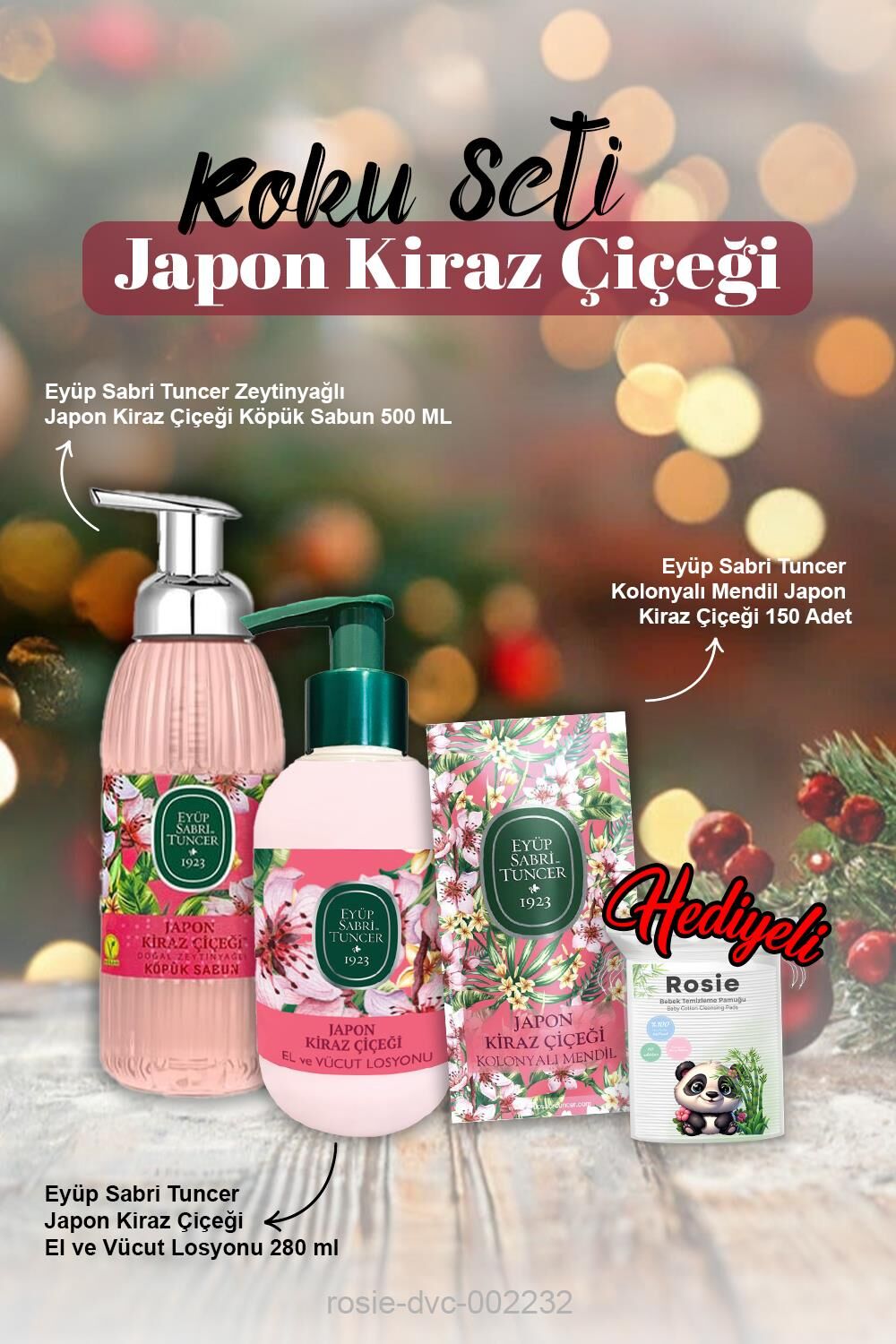 Japon Kiraz Çiçeği Köpük Sabun 500ml, Kolonyalı Mendil 150'li, Losyon 280ml ve Rosie Pamuk