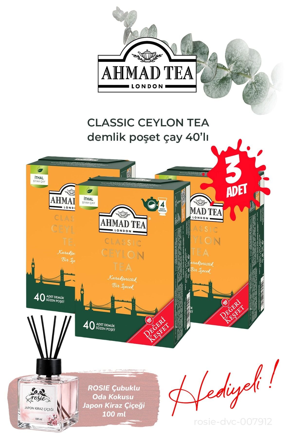 3 Paket Klasik Ceylon Tea 40'lı Demlik Poşet Çay ve Oda Kokusu