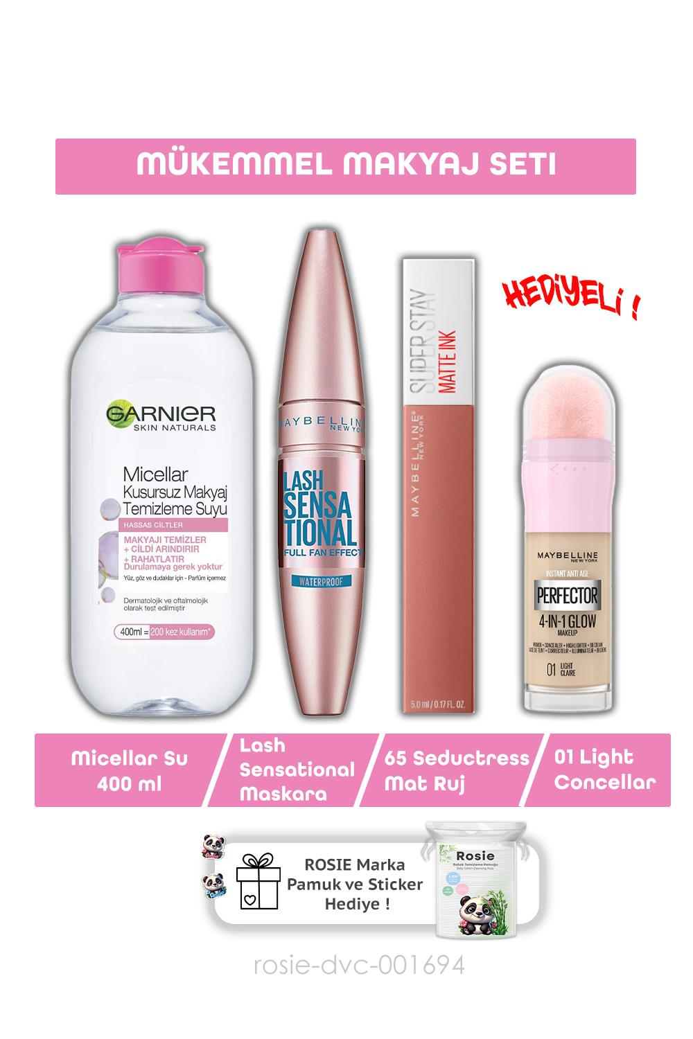 Maybelline Lash Sensational Maskara,65 Seductress Ruj, Perfector Glow 01 Light, Micellar  400 ml ve ROSIE