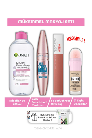 Maybelline Lash Sensational Maskara,65 Seductress Ruj, Perfector Glow 01 Light, Micellar  400 ml ve ROSIE