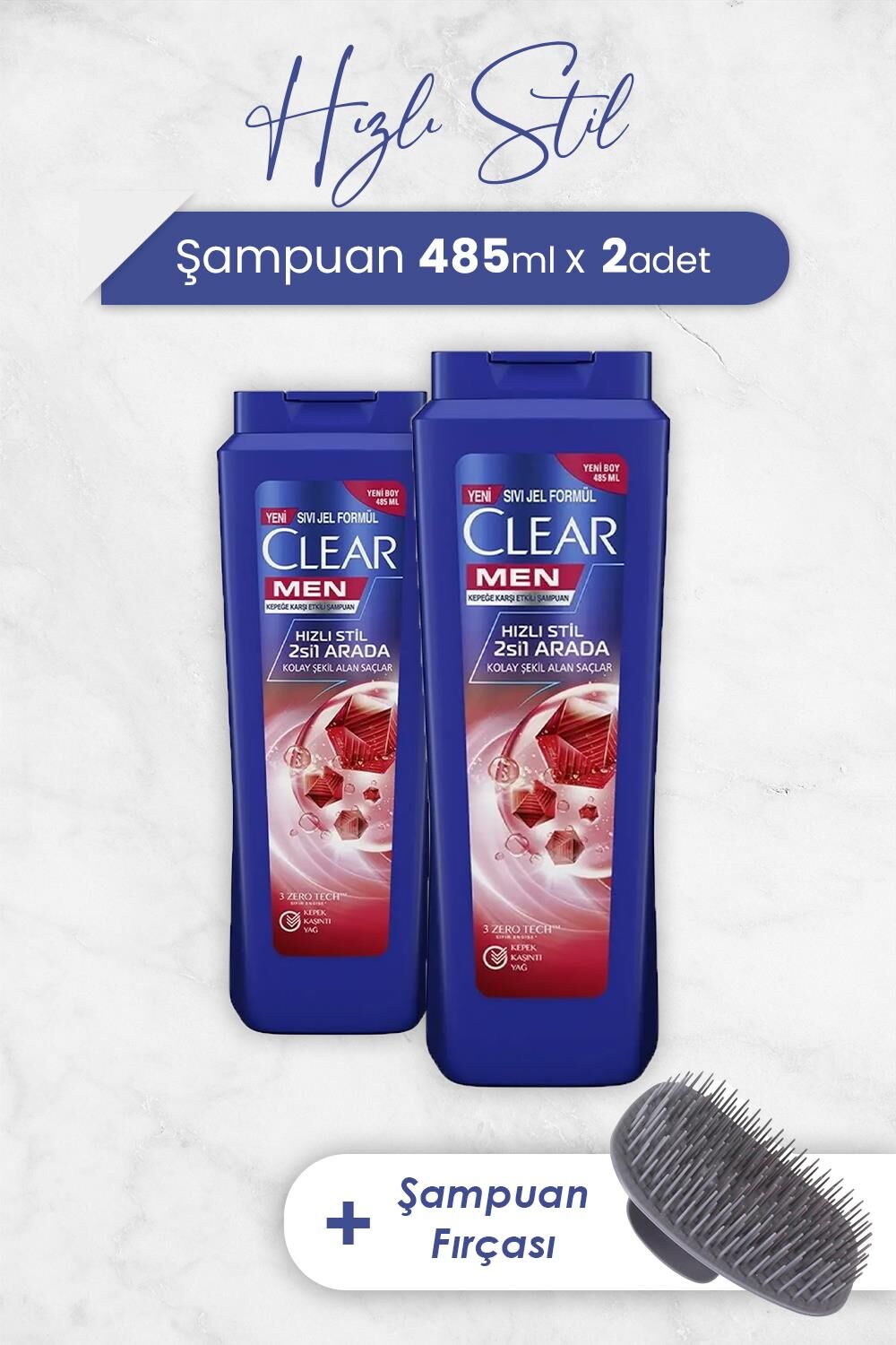 Clear Hızlı Stil 2'si 1 Arada Şampuan 485 ml x 2 Adet ve Şampuan Fırçası