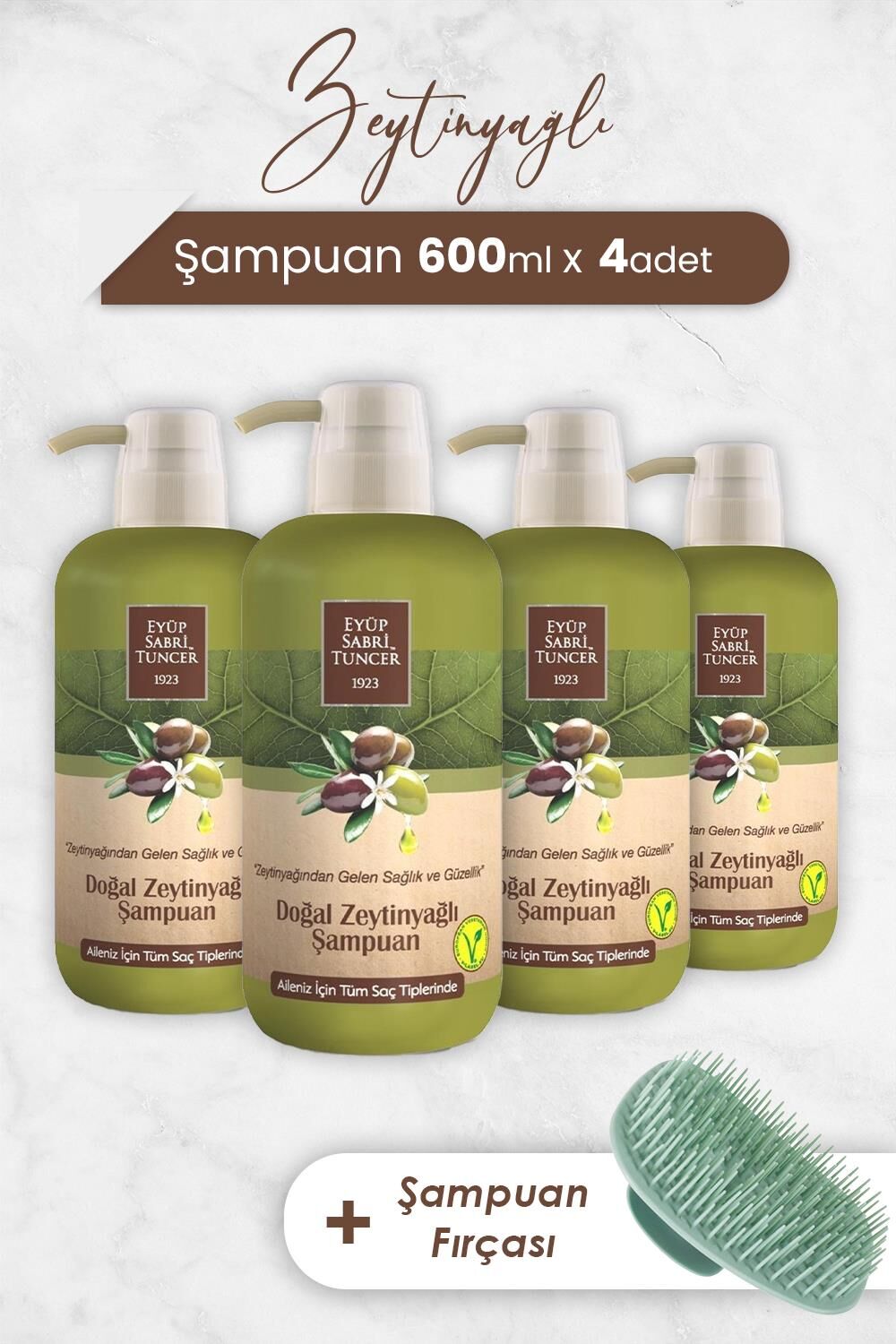 Eyüp Sabri Tuncer Zeytinyağlı Şampuan 600 ml x 4 Adet ve Şampuan Fırçası