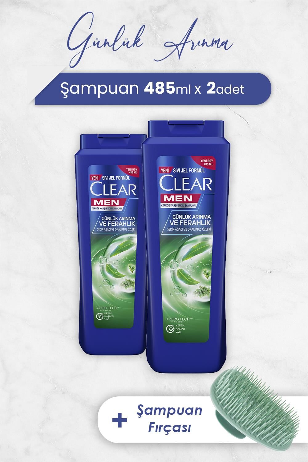 Clear Men Şampuan Günlük Arınma ve Ferahlık 485 ml x 2 Adet ve Şampuan Fırçası