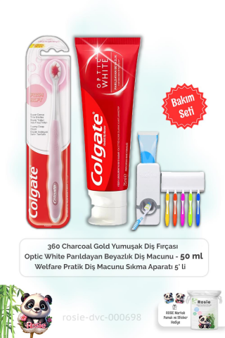 Colgate Optic White 50 ml Diş Macunu, FoamSoft Diş Fırçası, Diş Macunu Aparatı ve ROSIE