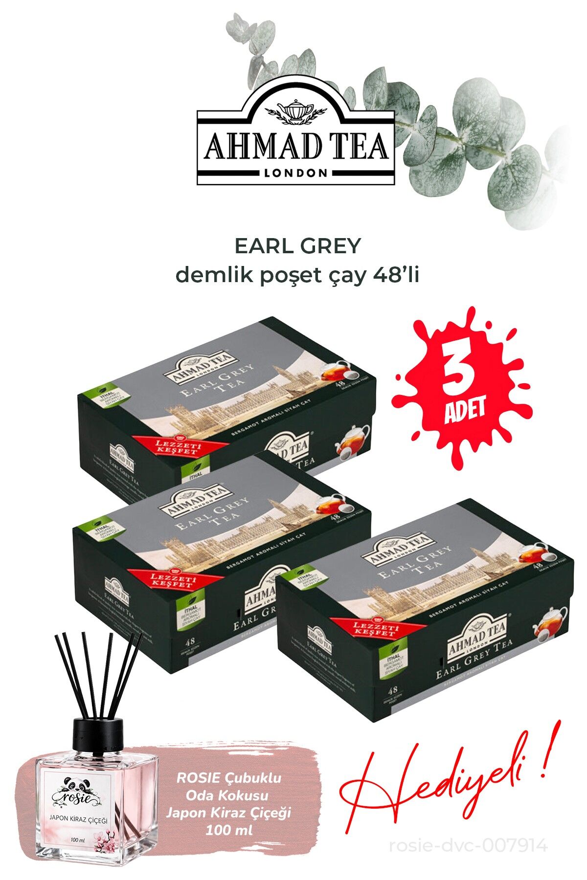 3 Paket Earl Grey Demlik Poşet Çay 48’li 154 G ve Oda Kokusu