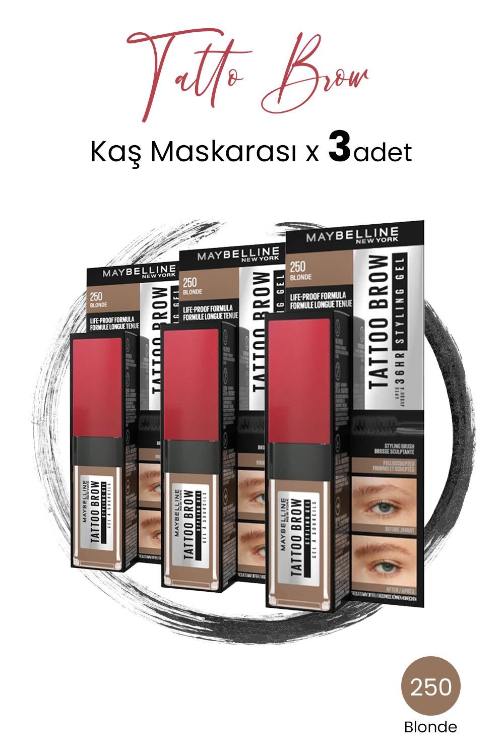 Maybelline New York Tattoo Brow 36H Maskarası 250 Blonde x 3 Adet