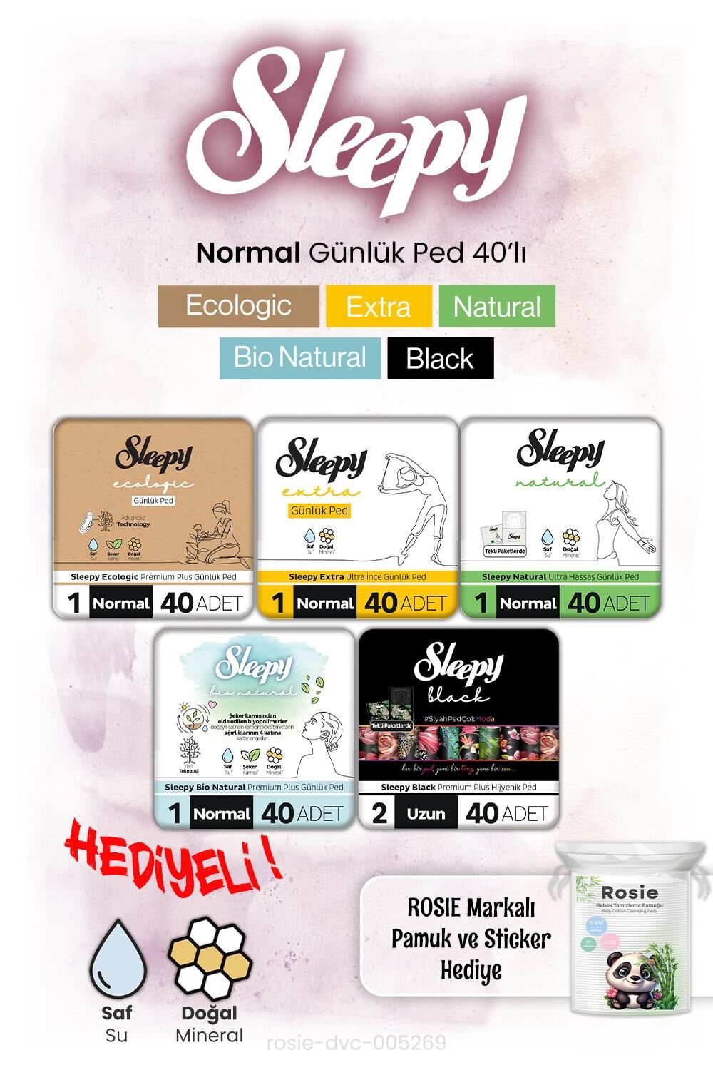 Sleepy Mega 40 'lı Günlük Pedler Seti 5 adet ve Rosie pamuk hediye