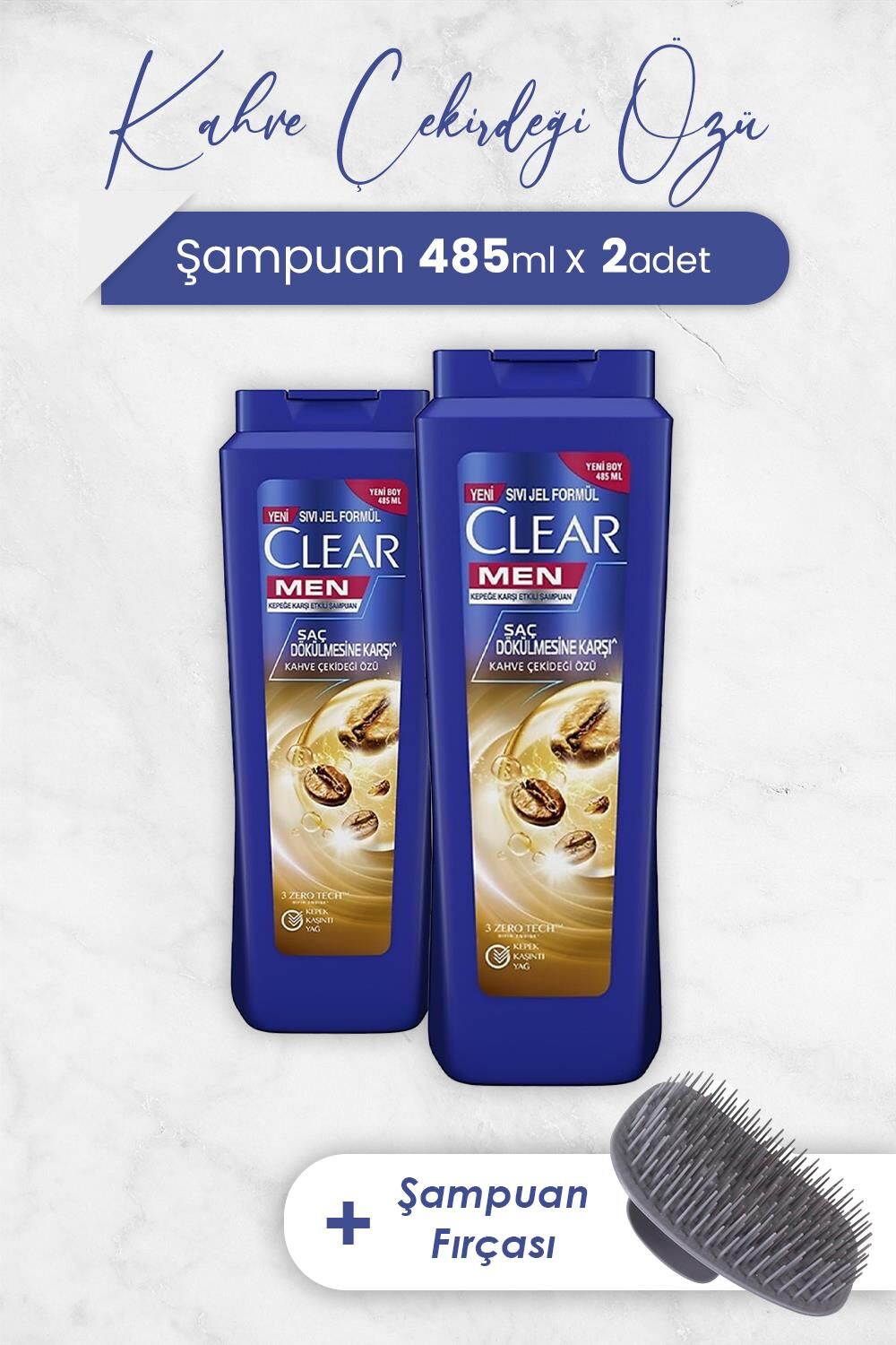 Clear Men Şampuan Saç Dökülmesine Karşı 485 ml x 2 Adet ve Şampuan Fırçası