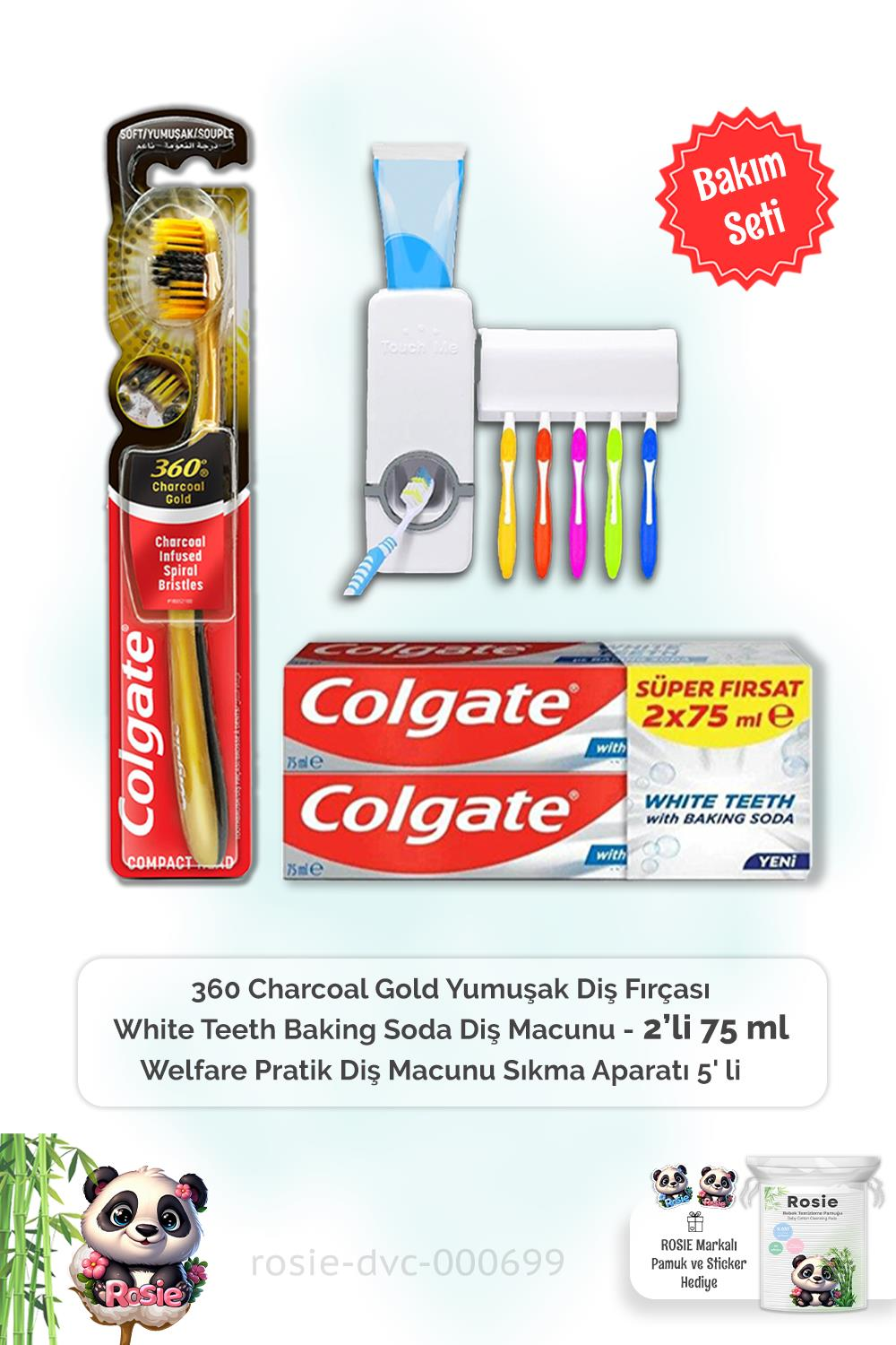 Colgate With Baking Soda 2 x 75 ml Diş Macunu,  360 Charcoal Gold  Diş Fırçası, Diş Macunu Aparatı ve ROSIE