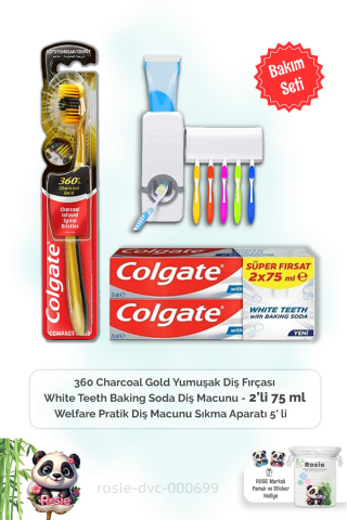 Colgate With Baking Soda 2 x 75 ml Diş Macunu,  360 Charcoal Gold  Diş Fırçası, Diş Macunu Aparatı ve ROSIE